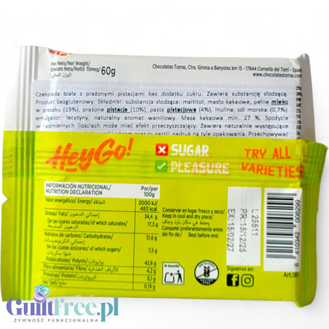 Torras Hey Go! Roasted Pistachios - bezglutenowa biała czekolada bez cukru z prażonymi pistacjami