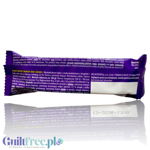 Tył opakowania batona proteinowego Guiltfree 6PAK High Protein Crunchy Bar Caramel z widocznym składem i datą ważności