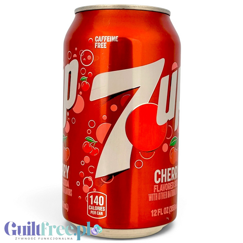 Puszka Guiltfree 7UP Cherry 355ml o smaku wiśniowym, amerykański napój gazowany bez kofeiny w czerwonym opakowaniu