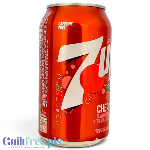 Czerwona puszka napoju Guiltfree 7UP Cherry o smaku wiśniowym bez kofeiny, importowana z USA