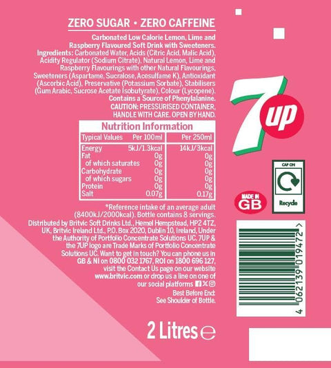 Etykieta Guiltfree 7up Pink Lemonade Zero Sugar z informacjami o wartościach odżywczych i składzie napoju