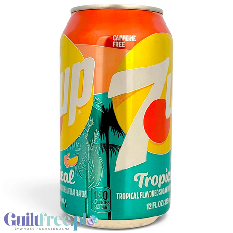 Puszka napoju Guiltfree 7UP Tropical 355ml z grafiką palm i owoców, amerykańska wersja o smaku owoców tropikalnych.