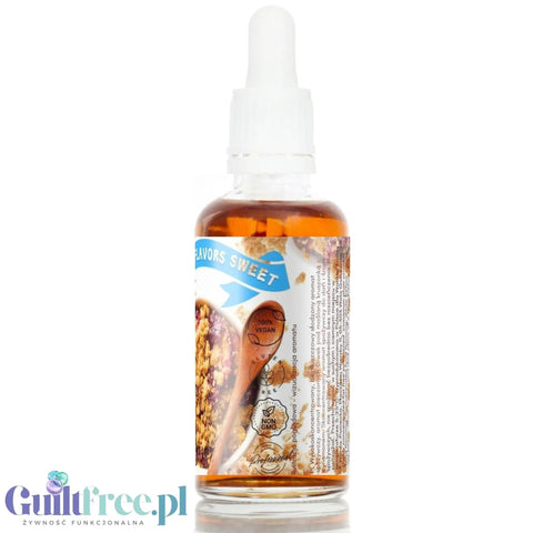 Guiltfree Funky Flavors Sweet Cinnamon Plum Crumble w szklanej butelce z kroplomierzem i etykietą z motywem śliwek
