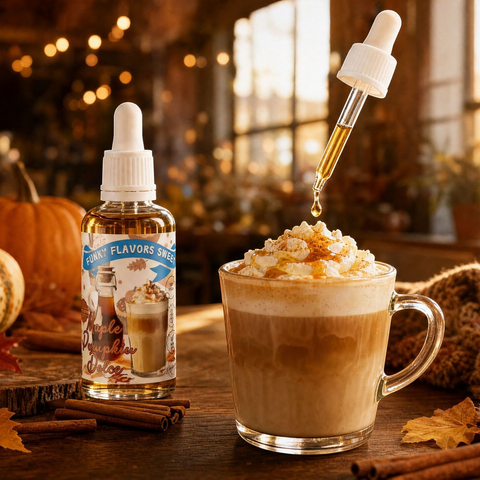 Butelka aromatu Guiltfree Funky Flavors Sweet Maple Pumpkin Dolce obok kubka latte z bitą śmietaną i przyprawami