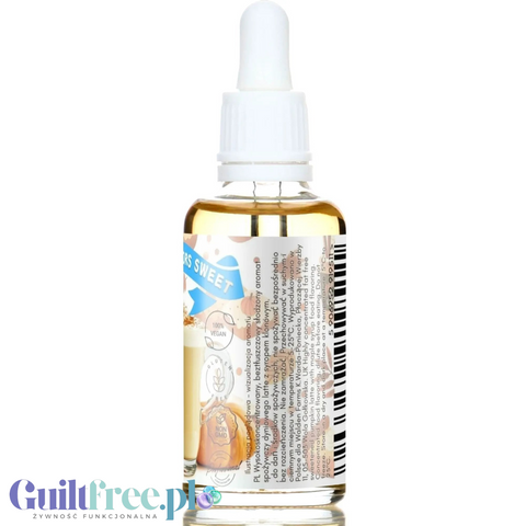 Aromat spożywczy Guiltfree Funky Flavors Sweet Maple Pumpkin Dolce w szklanej butelce z kroplomierzem i etykietą latte.