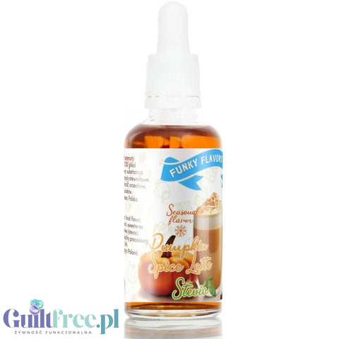 Butelka aromatu Guiltfree Funky Flavors Sweet Pumpkin Spice Latte ze stewią, z etykietą z grafiką dyni i kawy.