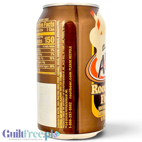 Puszka napoju Guiltfree A&W Root Beer Float 355ml z widoczną tabelą wartości odżywczych i brązowym designem