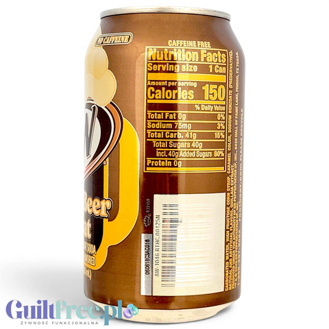 Puszka napoju Guiltfree A&W Root Beer Float z widoczną tabelą wartości odżywczych na brązowym tle