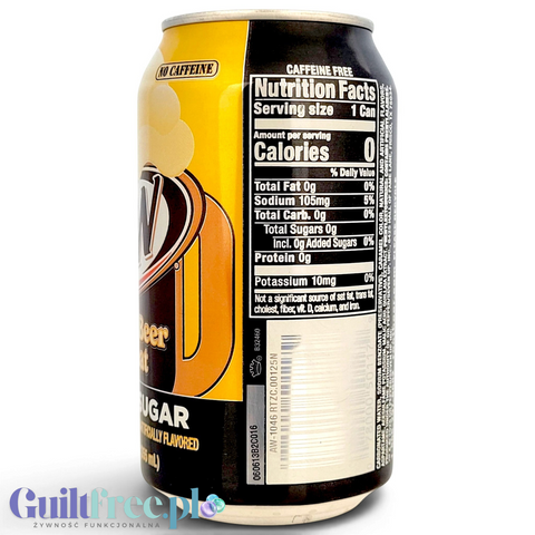 Puszka Guiltfree A&W Root Beer Float Zero Sugar z tabelą wartości odżywczych, napój bez cukru i kofeiny z USA.