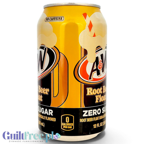 Puszka napoju Guiltfree A&W Root Beer Float Zero Sugar o smaku waniliowo-korzennym bez cukru i kofeiny