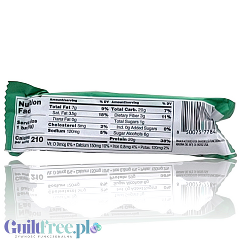 Tylna strona opakowania batona proteinowego Guiltfree Barebells Mint Chocolate Crisp z tabelą wartości odżywczych