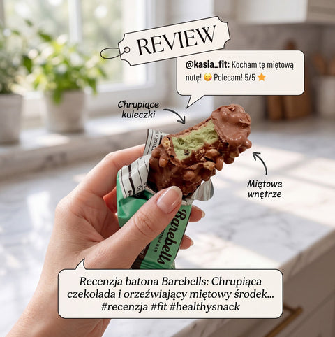 Guiltfree baton proteinowy Barebells Mint Chocolate Crisp z nadgryzionym wnętrzem, chrupiącą polewą i recenzją.