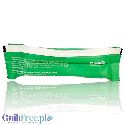 Tył opakowania batona proteinowego Guiltfree Barebells Mint Chocolate Crisp z widocznym składem na zielonym tle