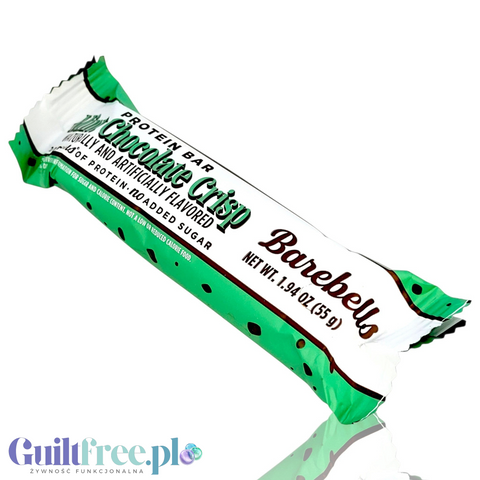 Baton proteinowy Guiltfree Barebells Mint Chocolate Crisp w zielono-białym opakowaniu z czekoladowymi akcentami