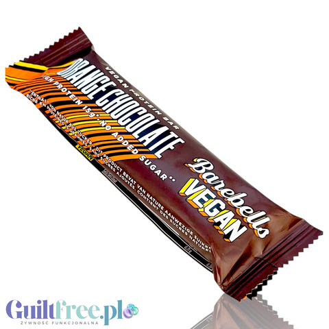 Guiltfree Barebells Vegan Orange Chocolate to wegański baton proteinowy w brązowym opakowaniu z pomarańczowym akcentem.