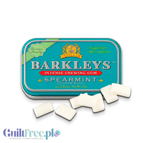 Guiltfree Barkley's Spearmint sugar-free chewing gum in a decorative teal metal tin with white gum pieces