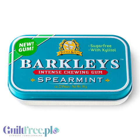 Guiltfree Barkley's Spearmint sugar-free chewing gum in a decorative blue metal tin with xylitol
