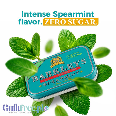Guiltfree Barkley's spearmint sugar-free chewing gum in a decorative teal tin surrounded by fresh mint leaves