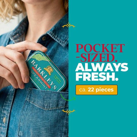 Guiltfree Barkley's Spearmint sugar-free chewing gum in a decorative metal tin being placed in a denim shirt pocket.