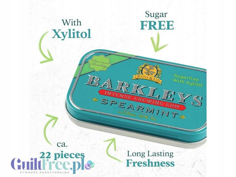 Guiltfree Barkley's Spearmint sugar-free chewing gum in a decorative teal metal tin with xylitol