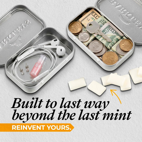 Guiltfree Barkley's Spearmint sugar-free gum in a reusable metal tin used for storing coins, keys, and accessories.