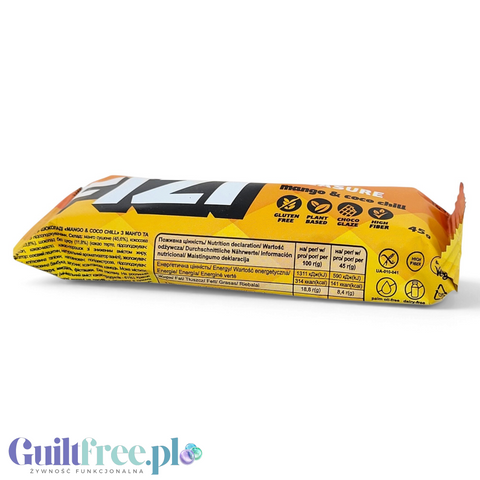 Guiltfree baton proteinowy Fizi Mango & Coco Chill w żółtym opakowaniu z informacjami o wartościach odżywczych