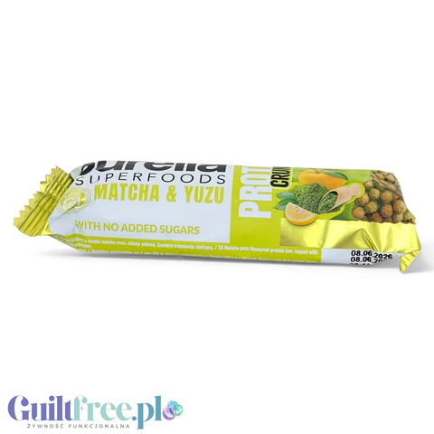 Guiltfree baton proteinowy Purella Superfoods Matcha & Yuzu w złotym opakowaniu z grafiką herbaty i cytrusów