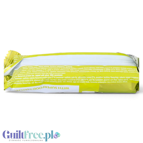 Baton proteinowy Guiltfree Purella Superfoods Matcha Yuzu w zielonym opakowaniu z widocznym składem na odwrocie