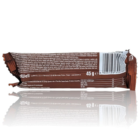 Guiltfree baton proteinowy Purella Superfoods Hazelnut & Cocoa w brązowym opakowaniu z informacjami o składzie