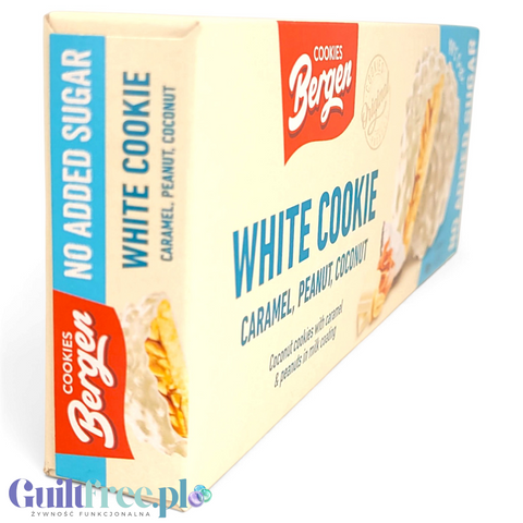 Bergen White Cookie Caramel, Peanut & Coconut - kruche ciasteczka bez cukru z karmelem, orzechami i kokosem z białą polewą by Bergen Diet (bergen-white-cookie-caramel-peanut-coconut-kruche-ciasteczka-bez-cukru-z-karmelem-orzechami-i-kokosem-z-biala-polewa)