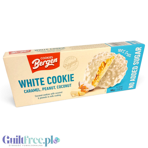 Bergen White Cookie Caramel, Peanut & Coconut - kruche ciasteczka bez cukru z karmelem, orzechami i kokosem z białą polewą by Bergen Diet (bergen-white-cookie-caramel-peanut-coconut-kruche-ciasteczka-bez-cukru-z-karmelem-orzechami-i-kokosem-z-biala-polewa)