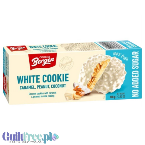 Bergen White Cookie Caramel, Peanut & Coconut - kruche ciasteczka bez cukru z karmelem, orzechami i kokosem z białą polewą by Bergen Diet (bergen-white-cookie-caramel-peanut-coconut-kruche-ciasteczka-bez-cukru-z-karmelem-orzechami-i-kokosem-z-biala-polewa)