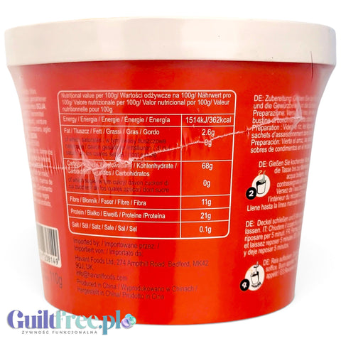 Tabela wartości odżywczych na czerwonym kubku dania instant Better Power Rice marki Guiltfree z instrukcją przygotowania