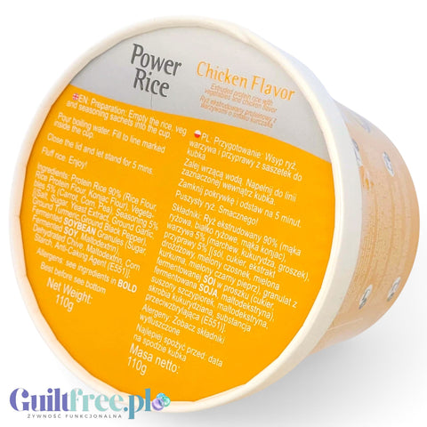 Opakowanie wegańskiego dania instant Better Power Rice o smaku kurczaka z Guiltfree, widok na etykietę ze składem.