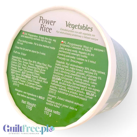 Opakowanie Guiltfree Better Power Rice z warzywami, wysokobiałkowe danie instant z ryżem, marchewką i groszkiem.