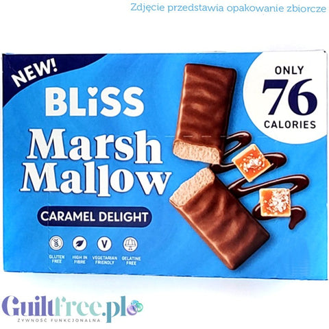 Opakowanie batoników Guiltfree Bliss MarshMallow Caramel Delight z nugatem w mlecznej czekoladzie, tylko 76 kcal.