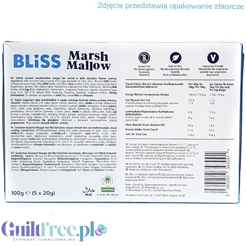 Tył opakowania zbiorczego batoników Guiltfree Bliss MarshMallow Caramel Delight z tabelą wartości odżywczych i składem