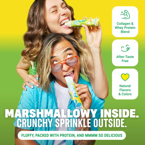 Guiltfree baton proteinowy Built Bar Sour Puff Green Apple z piankowym wnętrzem i chrupiącą posypką w rękach pary