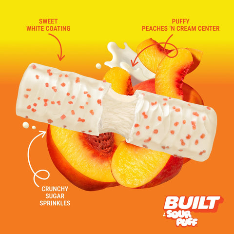 Guiltfree baton proteinowy Built Sour Puff o smaku brzoskwiniowym z piankowym wnętrzem i chrupiącą posypką