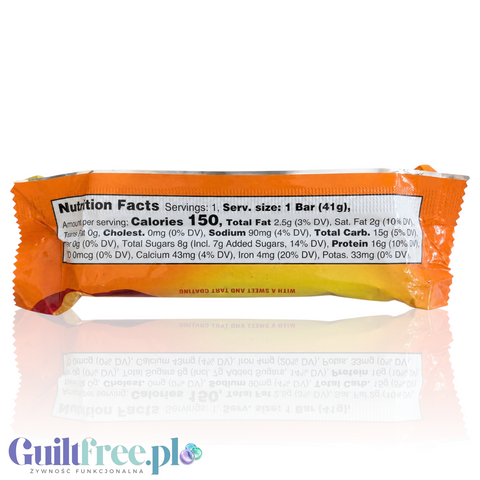 Tabela wartości odżywczych na opakowaniu batona proteinowego Guiltfree Built Sour Puff o smaku brzoskwiniowym