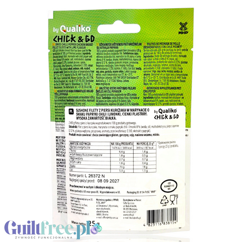 Opakowanie Guiltfree Chick & Go suszonego kurczaka z chilli i limonką z widoczną tabelą wartości odżywczych