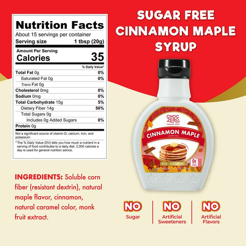 Butelka syropu Guiltfree Choc Zero Cinnamon Maple z etykietą pokazującą naleśniki i tabelę wartości odżywczych.