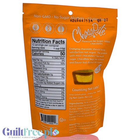 Tylna strona opakowania czekoladek Guiltfree ChocoRite Peanut Butter Cups z tabelą wartości odżywczych i składem