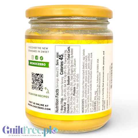 Guiltfree ChocZero Lemon Curd w szklanym słoiku z widoczną etykietą zawierającą tabelę wartości odżywczych