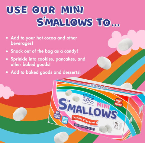 Guiltfree ChocZero Mini S'mallows waniliowe pianki bez cukru w kolorowym opakowaniu na tle tęczy