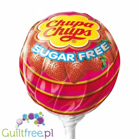 Lizak Guiltfree Chupa Chups bez cukru o smaku truskawkowym w czerwonym opakowaniu z logo marki