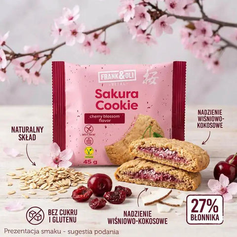 Guiltfree ciastko owsiane Frank & Oli Sakura z nadzieniem wiśniowo-kokosowym, bez cukru i glutenu, na tle kwiatów wiśni.