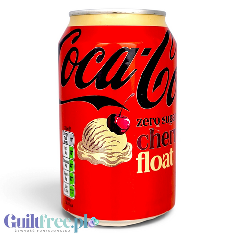Puszka napoju Guiltfree Coke Zero Cherry Float o pojemności 330ml z grafiką wiśni i gałki lodów na czerwonym tle