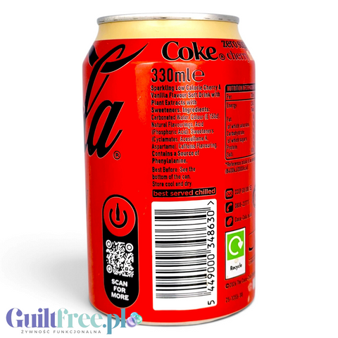 Puszka napoju Guiltfree Coke Zero Cherry Float 330ml o czerwonym kolorze z informacjami o składzie i wartościach