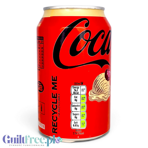 Puszka napoju Guiltfree Coke Zero Cherry Float 330ml o czerwonym kolorze z grafiką lodów i wiśni